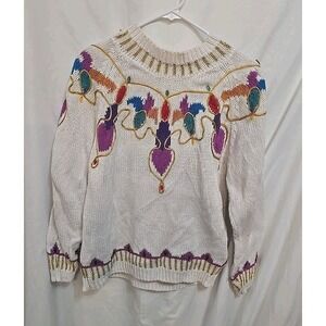 Vintage Rebecca Stone Women's Sweater Ivory W/colorful Design Cottagecore Gems L